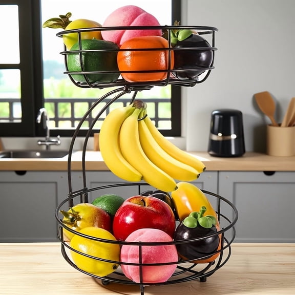 Miserwe 2-Tier Iron Countertop Storage - Fruit Vegetable Basket with Banana Hanger,Black