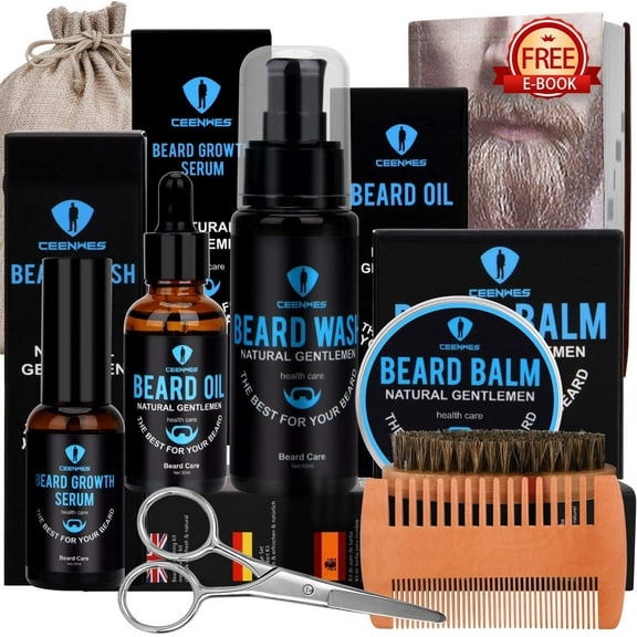 Miserwe Beard grooming kit, beard kit with beard oil, beard growth serum, beard wash, beard cream, beard brush, beard comb, beard and beard scissors.  Beard growth kit is a unique gift for men
