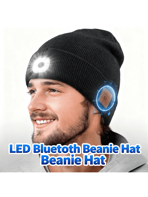 LED Beanie with Light, Unisex Hat with Light, Unisex Rechargeable Flashlight Beanie Hat with Wireless Headphones, Unique Christmas Birthday Gifts for Men Women Black