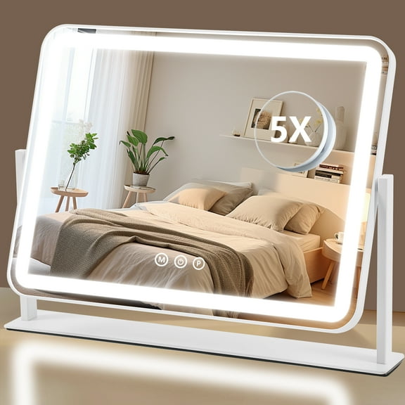 Miserwe Lighted Desktop Dressing Mirror - 5x Magnifier, Smart Touch, 3 - Color Lighting & Adjustable Brightness for Dressing Tables
