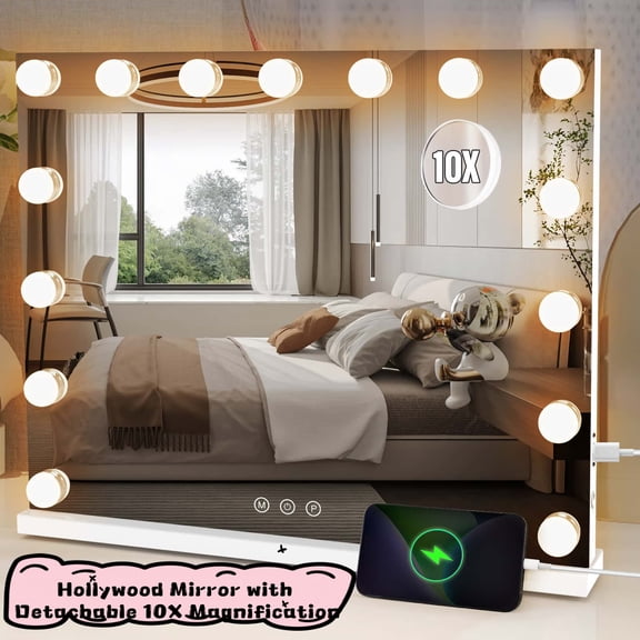 Miserwe Mirror with Light, Detachable 10X Magnification Hollywood Makeup Mirror, 3 Color Modes, Touch Control Lighted Mirror with 15 LED Bulbs