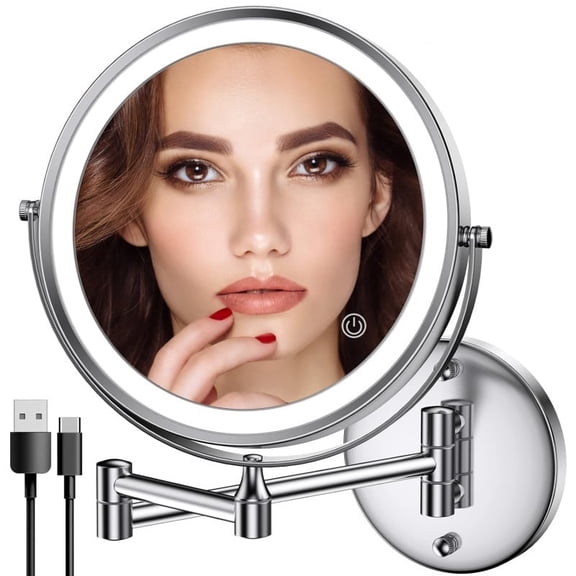 Miserwe Wall-mounted LED makeup mirror with light, featuring three lighting modes: folding, extended arm and telescopic arm. 10X magnifying glass, suitable for bathrooms and bedrooms