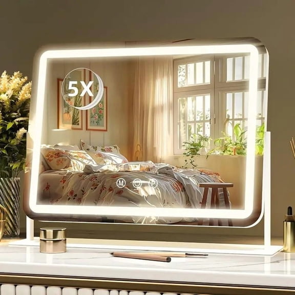 Miserwe Large illuminated makeup mirror with 5X magnifying glass illumination, smart touch table mirror with 3-color adjustable lighting, suitable for dressing tables and makeup table tops