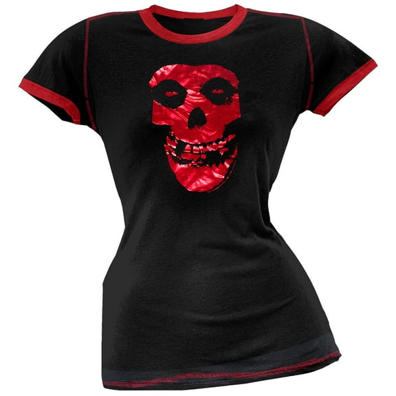 Misfits Women's Juniors Red Foil Skull Ringer Short Sleeve T Shirt