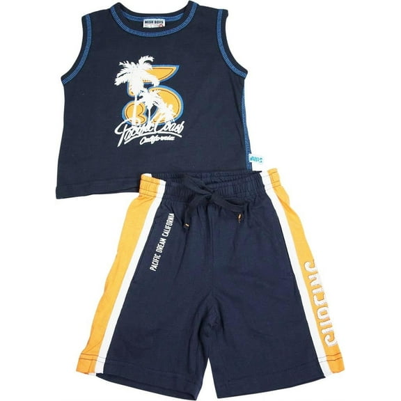 Mish Mish Baby Boys Infant Cotton Knit Sleeveless Tee Short Sets, 6220 11799-12Months (Navy Orange Pacific Coast)