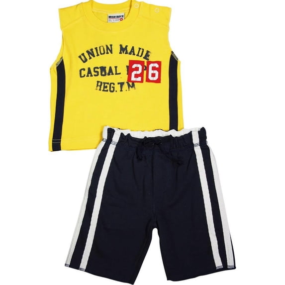Mish Mish Baby Boys Infant Cotton Knit Sleeveless Tee Short Sets, 6220 13268-6Months (Yellow Navy Union Made)