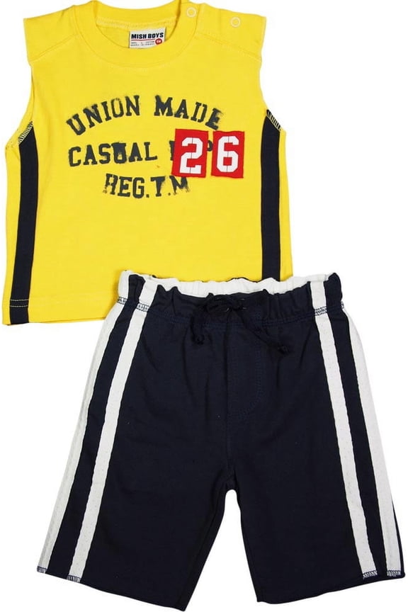 Baby Boys Infant Cotton Knit Sleeveless Tee Short Sets, 6220 13268-6Months (Yellow Navy Union Made)