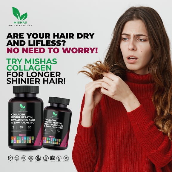 Mishas Nutraceuticals Collagen, Biotin, Keratin & Hyaluronic Acid  Hair Growth, Skin & Nail Support, DHT Blocker  60 Vegan Capsules Beauty Supplement