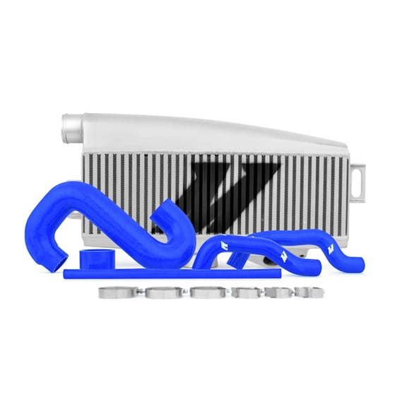 Mishimoto MMTMIC-WRX-01SLBL Top-Mount Intercooler Compatible With Subaru WRX/STI 2001-2007 Silver Cooler, Blue Hose