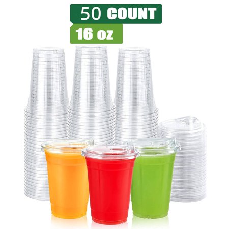 Mishitina[16 oz.-50 Count] Crystal Clear Plastic Cups With Strawless Sip-Lids, Disposable Cups with Lids - Ideal for Cold Beverages, and To-Go Drinks