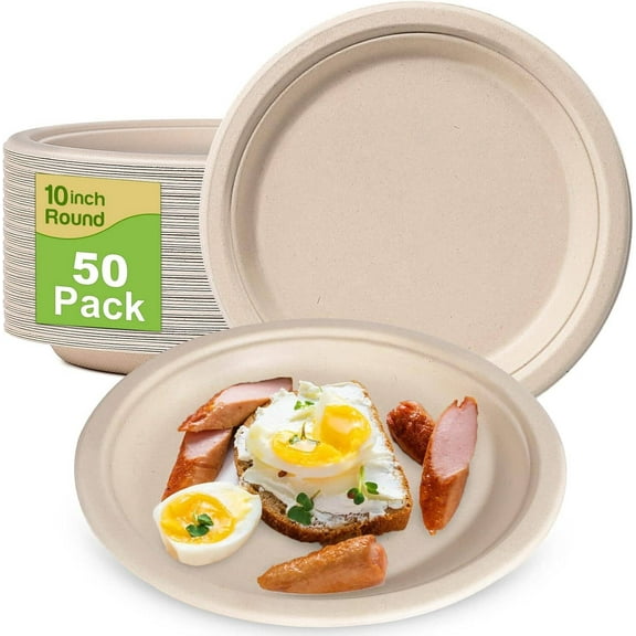 Mishitina 50 Pack Compostable Disposable Paper Plates 10 inch Super Strong 100% Bagasse Natural Biodegradable Eco-Friendly Sugarcane Plates(nature)