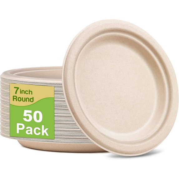 Mishitina 50 Pack Compostable Disposable Paper Plates 7 inch Super Strong 100% Bagasse Natural Biodegradable Eco-Friendly Sugarcane Plates(nature)