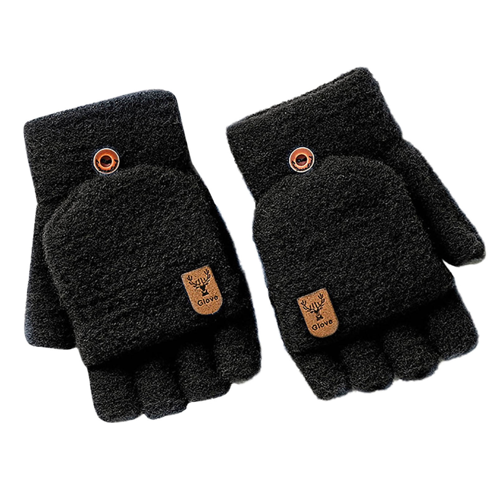 Black Gloves Mittens Winter Knit Convertible Fingerless Gloves Wool Gloves Thermal Gloves Unisex