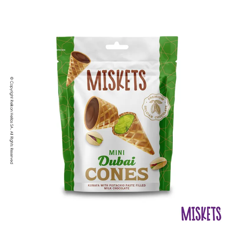 Miskets Mini Dubai Cones – Milk Chocolate Waffle Cones with Pistachio Cream & Kunafa – 2 Pacs