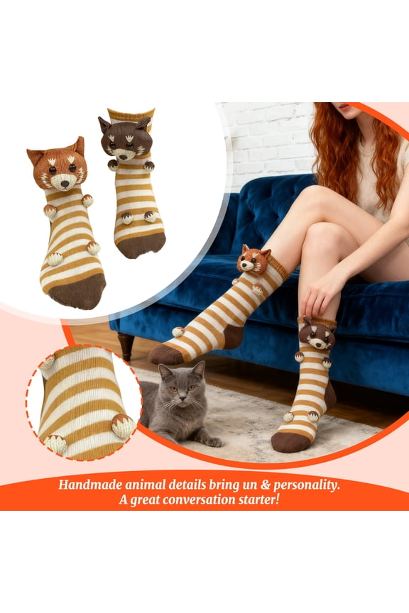 Mismatched Animal Socks, Crochet Plush Fox & Bear Design in Rust Red & Dark Brown, Cute Couples Gifts for Best Friend Pairs fox/raccoo