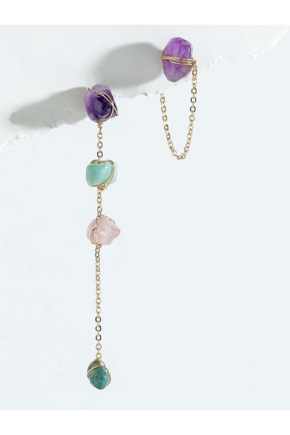 Mismatched Stone Drop Earrings Multicolor Goldtone Chain Dangling