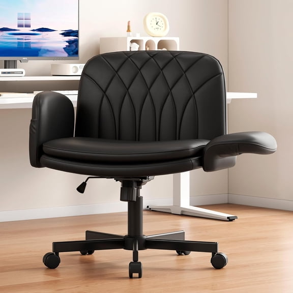 Misolant Criss Cross Chair with Armrests & Wheels for Cross-Legged Sitting, Comfortable PU Leather Vanity Chair, Office Desk Chairs with Adjustable Rocking Function, for Home, Bedroom Black
