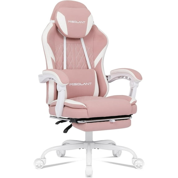 Misolant Gaming Chair, Fabric Gamer Chair with footrest for Adults, High Back Ergonomic Computer Game Chair with Adjustable Headrest and Massage Lumbar Support, 90-155° Recline Free, Pink
