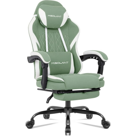 Misolant Gaming Chair, Fabric Gamer Chair with footrest for Adults, High Back Ergonomic Computer Game Chair with Adjustable Headrest and Massage Lumbar Support, 90-155° Recline Free, Green