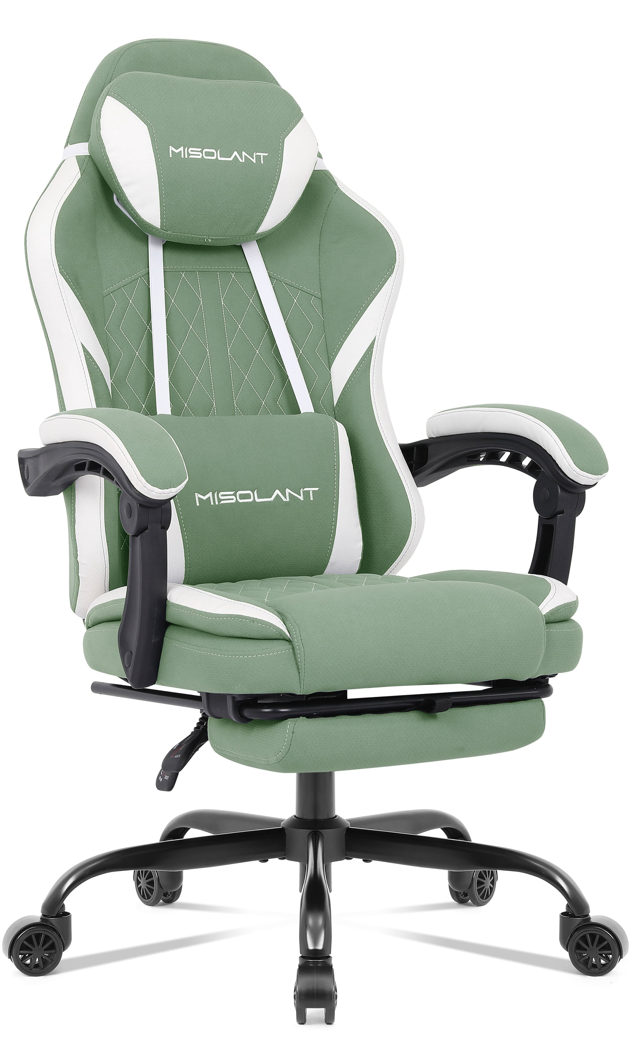 Misolant Gaming Chair, Fabric Gamer Chair with footrest for Adults, High Back Ergonomic Computer Game Chair with Adjustable Headrest and Massage Lumbar Support, 90-155° Recline Free，Green