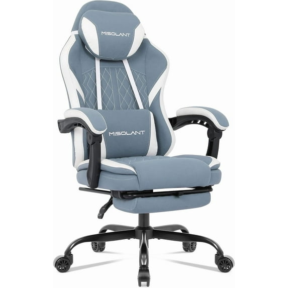 Misolant Gaming Chair, Fabric Gamer Chair with footrest for Adults, High Back Ergonomic Computer Game Chair with Adjustable Headrest and Massage Lumbar Support, 90-155° Recline Free, Blue