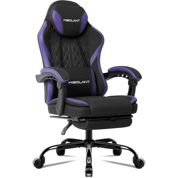 Misolant Gaming Chair, Fabric Gamer Chair with footrest for Adults, High Back Ergonomic Computer Game Chair with Adjustable Headrest and Massage Lumbar Support, 90-155° Recline Free, Purple