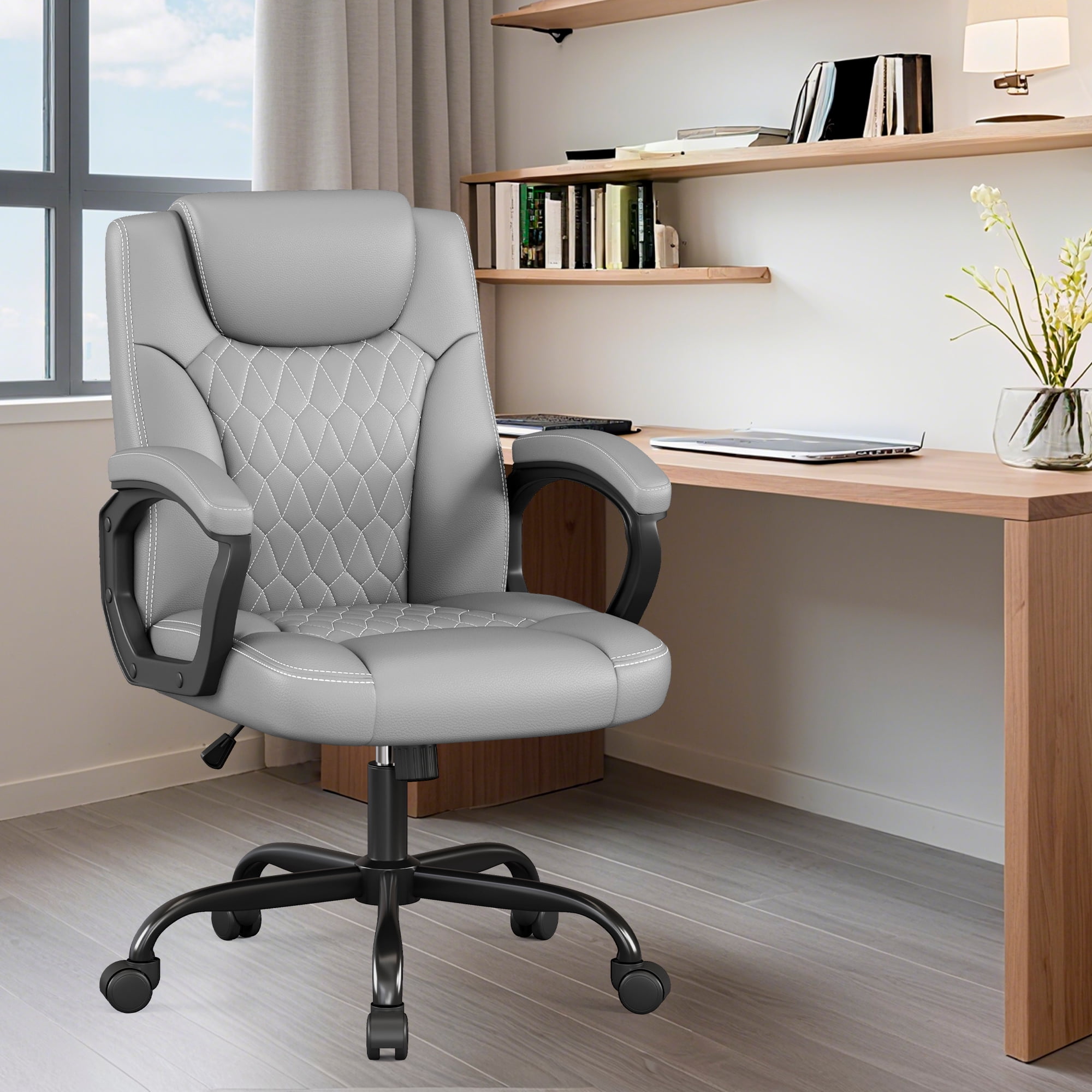 Misolant Office Chair, Executive Desk Chair, PU Leather Comfortable Executive Chairs with Fixed Armrest, Adjustable Height, Rocking Function, 360° Swivel Wheels