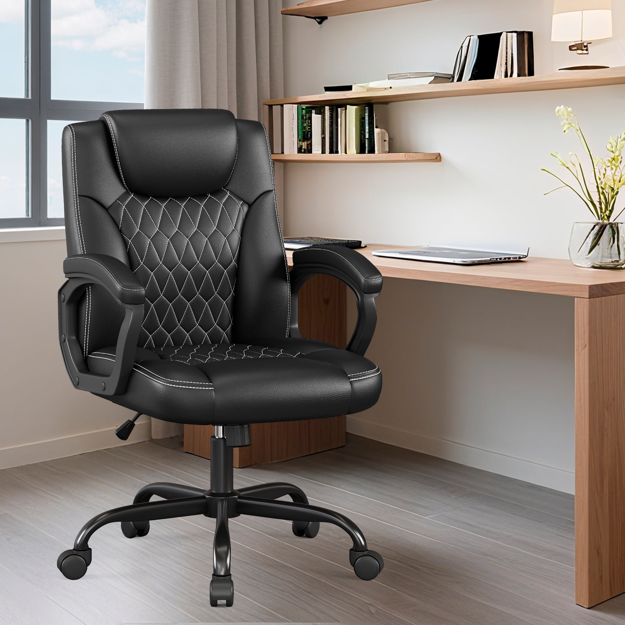 Misolant Office Chair, Executive Desk Chair, PU Leather Comfortable Executive Chairs with Fixed Armrest, Adjustable Height, Rocking Function, 360° Swivel Wheels