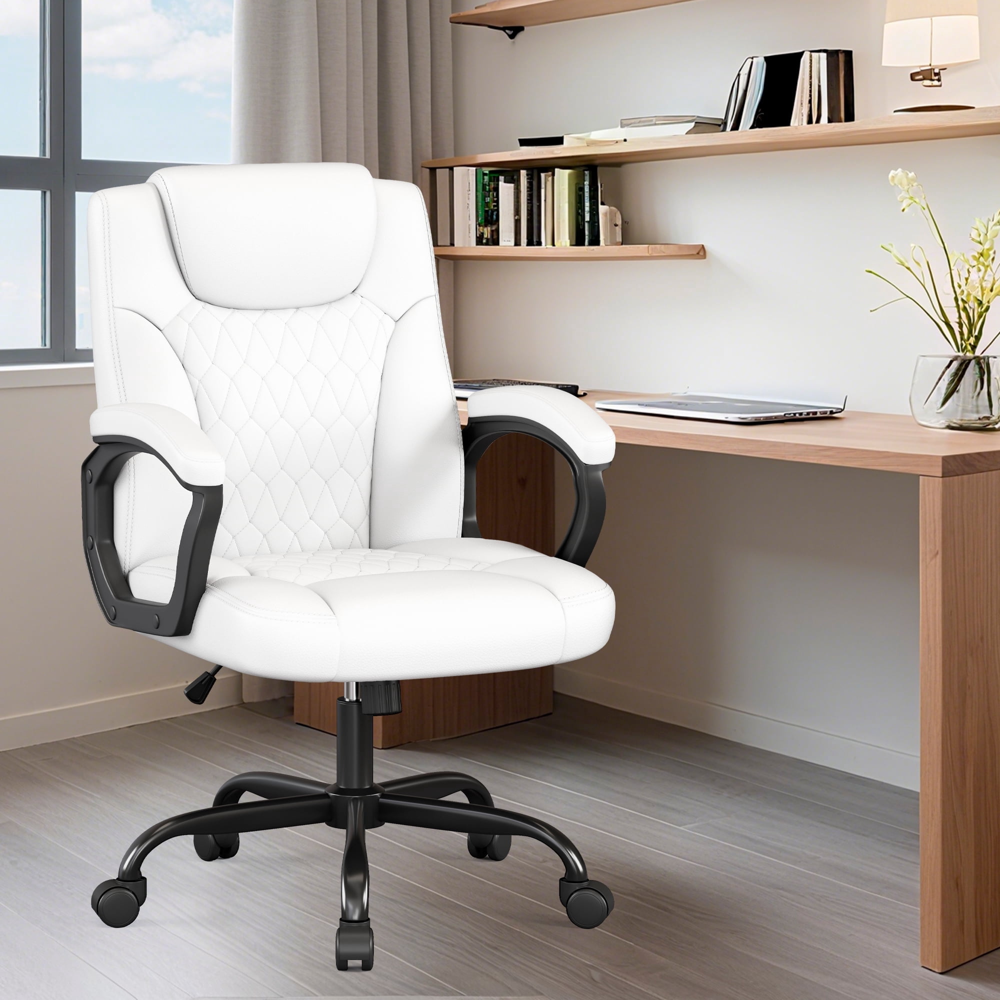 Misolant Office Chair, Executive Desk Chair, PU Leather Comfortable Executive Chairs with Fixed Armrest, Adjustable Height, Rocking Function, 360° Swivel Wheels