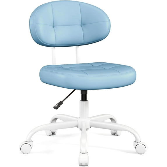 Misolant Vanity Chair with Back, Small Armless Cute Office Chair with Wheels and Lumbar Support, Comfy PU Leather Desk Computer Chairs with Adjustable Height, 360°Swivel for Home Bedroom Office, Blue