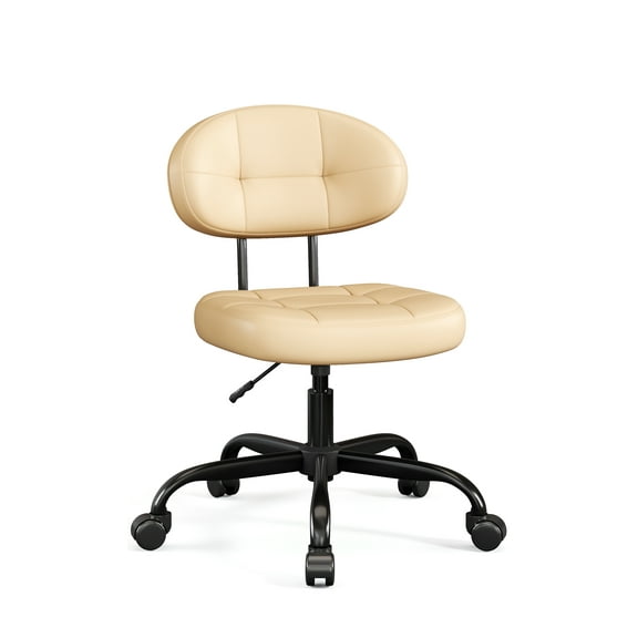 Misolant Vanity Chair with back, Small Armless Cute office Chair with wheels and Lumbar support, Comfy PU Leather Desk Computer Chairs with Adjustable Height, 360°Swivel for Home Bedroom Office