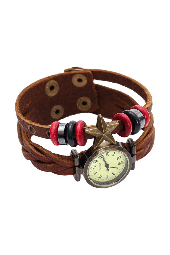 Distressed Leather Wristwatch With Metal Weaving And Wooden Beads For Him