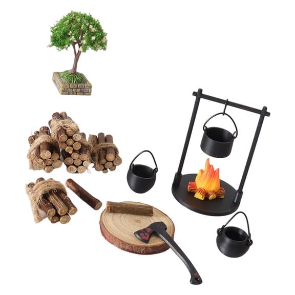 Misright Doll House Furniture Campfire Scene Props with Pot Firewood Realistic Setting