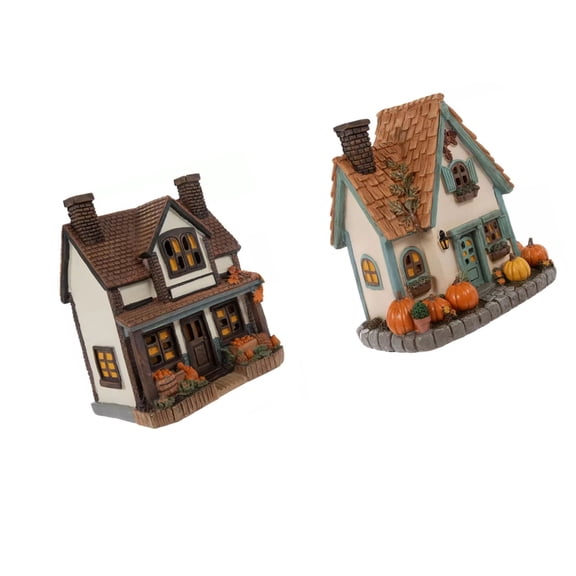 Misright Fall Pumpkin House Decors with Lighted Resin Cottage Statue for Table Shelf