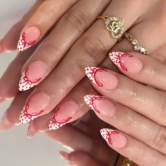 Misright French Tip Press On Nail White With Red Polkas Dots Bows Design For Women
