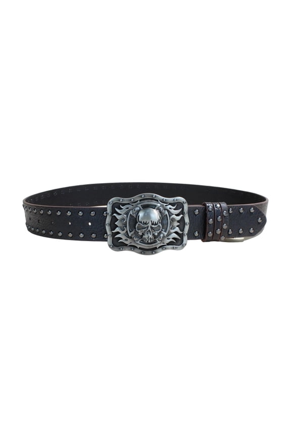Men's Black Western Skull Design PU Belt with Adjustable Metal Buckles