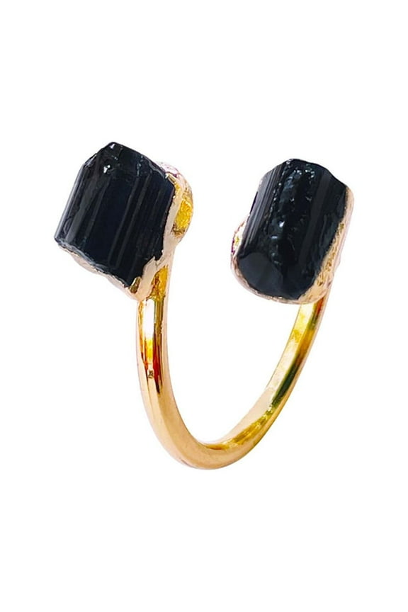 Natural Raw Black Tourmaline Adjustable Finger Ring with Gold Plated Gift