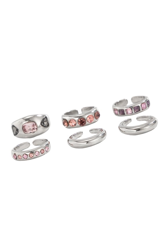 Pack of 6 Stackable Rings Including Adjustable Fit and Pink Gemstones for Fashion Styles