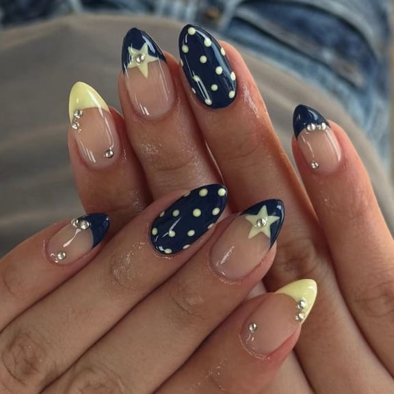 Misright Press On Nail Blue Base Yellow Polkas Dots Stars Accents ABS Materials