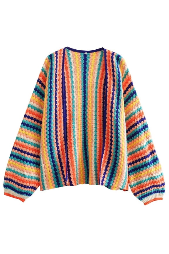 Rainbow Striped Knit Cardigan for Women Long Sleeve Open Front Jumper Sweater