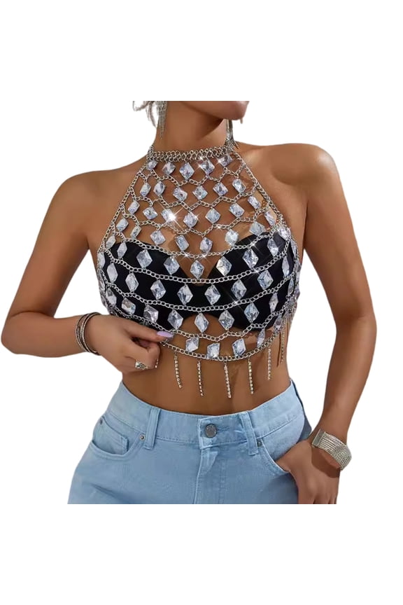 Women Layered Acrylic Crystal Halter Camisole Tassels Body Chain Jewelry Top