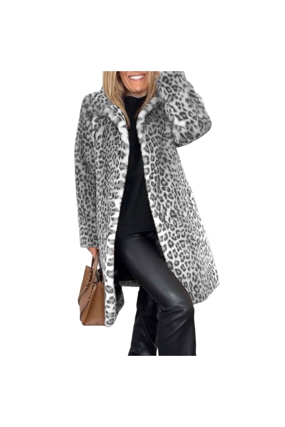 Women's Faux Fur Leopard Coat Winter Fall Lapel Collar Fuzzy Furry Open Front Fleece Fur Jackets