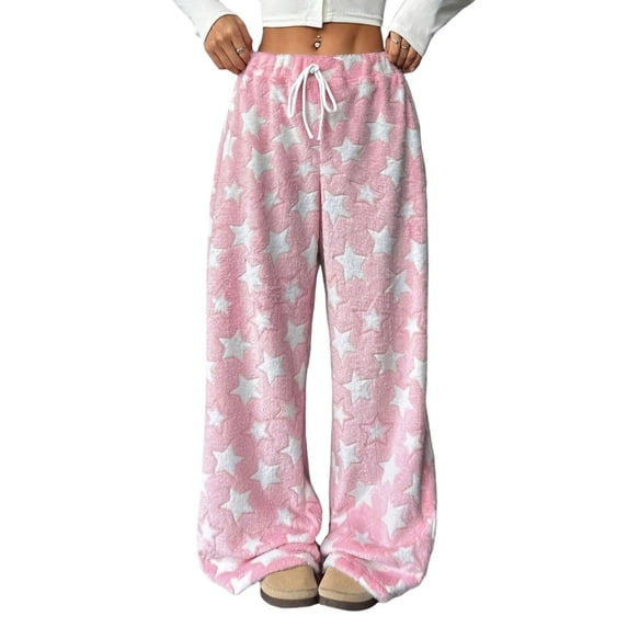 Misright Women's Fuzzy Plush Pajama Pants Drawstring Elastic Waist Wide Leg Teddy Bottoms Pants