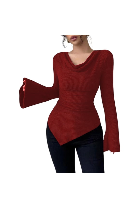 Women's Long Sleeve Comfortable Draped Flared Sleeve Knit Blouse Round Neck