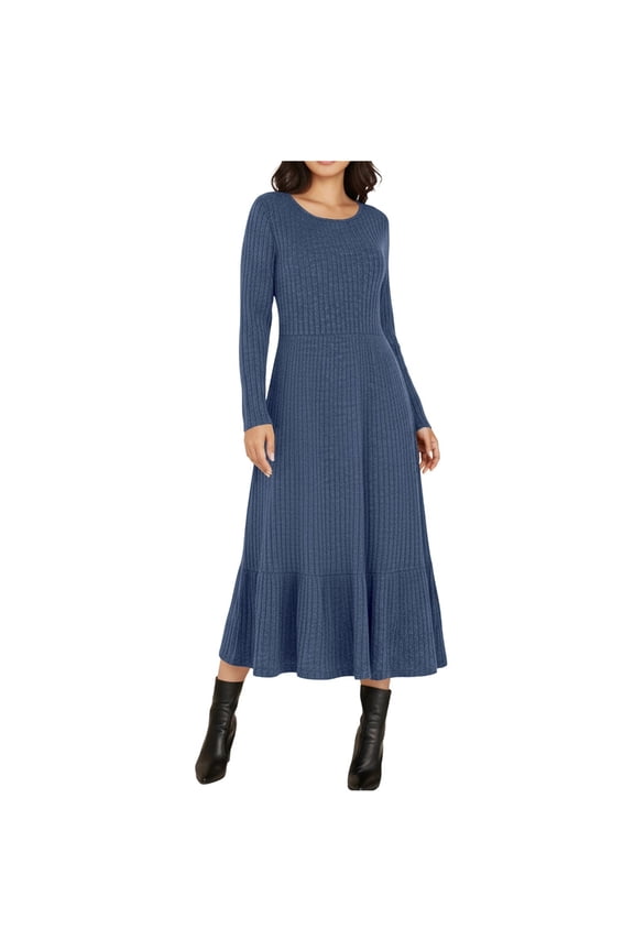Women's Long Sleeve Rib Knit Dress, 2025 Fall Rib Knit Neck Soft Flowy Swing with Pocket Casual Trendy