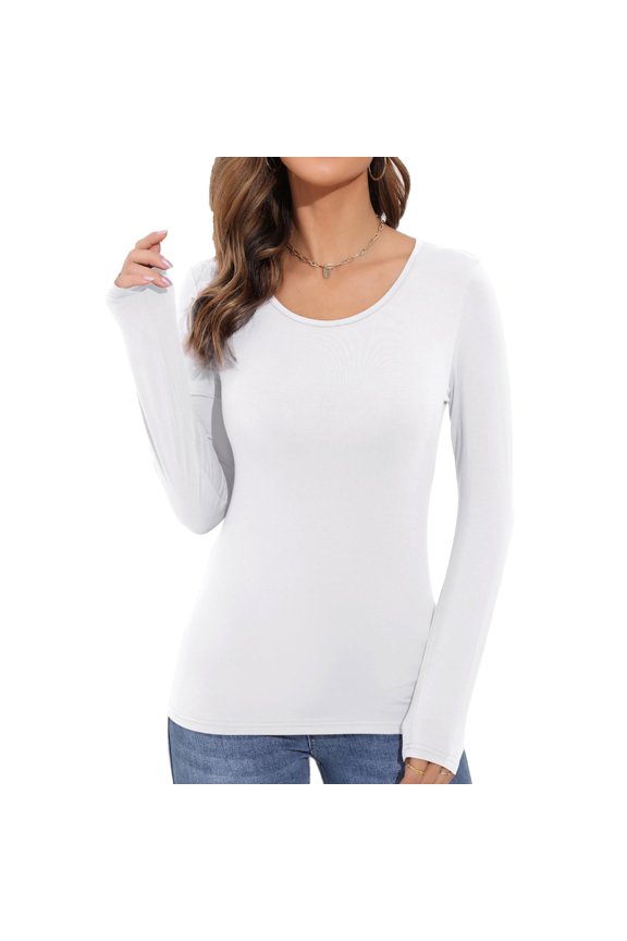Women's Long-Sleeved Round Neck Rayon Fit Stretch Base Layer T-Shirt Top