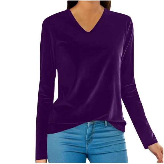 Misright Women's Long-Sleeved V-Neck Shirt, Cover-Up, Pullover, Solid Color Casual T-Shirt, Velvet Top
