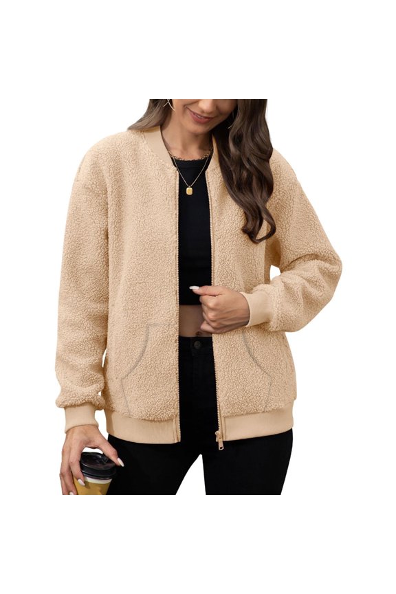 Women's Plush Long Sleeve Fuzzy Comfy Fall Coat Bomber Zip Up Winter s with Pockets