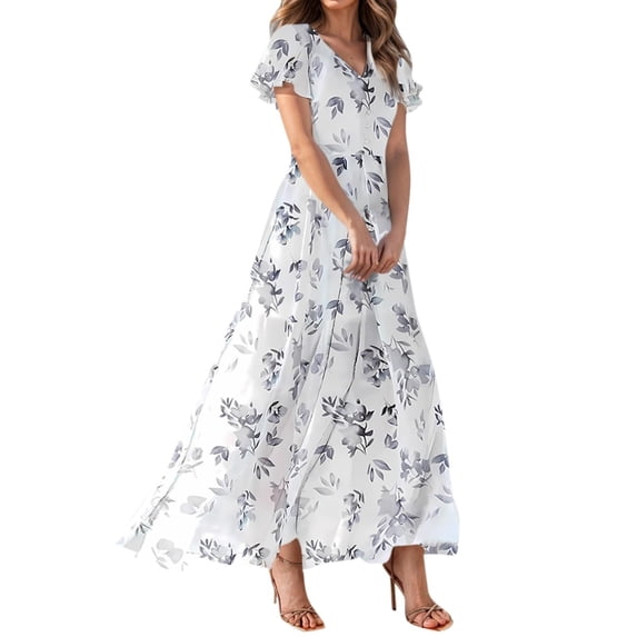 Misright Womens Floral Maxi Dress Casual V Neck Short Sleeve Flowy Beach Wedding Guest Long Dresses