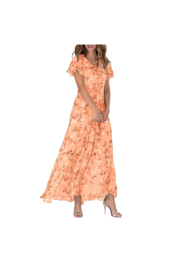 Womens Floral Maxi Dress Casual V Neck Short Sleeve Flowy Beach Wedding Guest Long Dresses